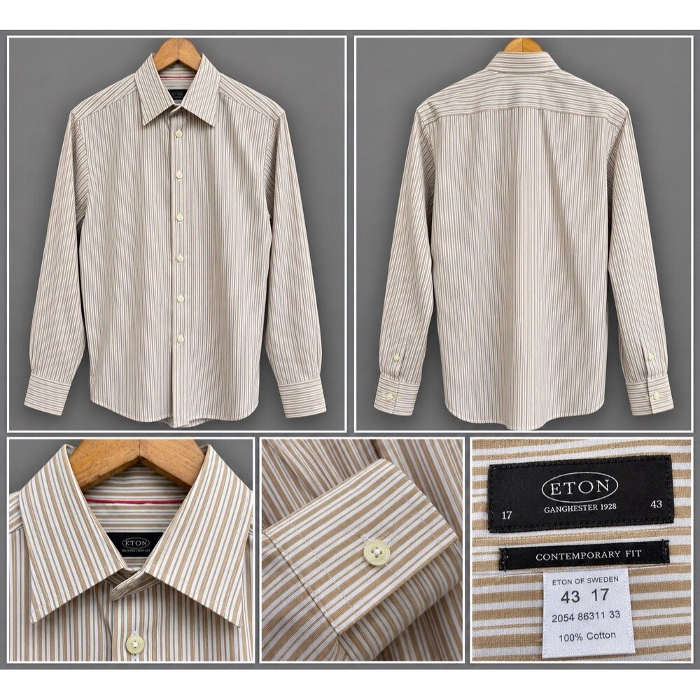 Eton Contemporary Men’s Dress Shirt Brown White Stripe 43/17 Long Sleeve